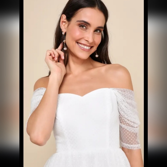 Lulus Heavenly Mood White Mesh Swiss Dot Off-the-Shoulder Midi Dress - Picture 2 of 5